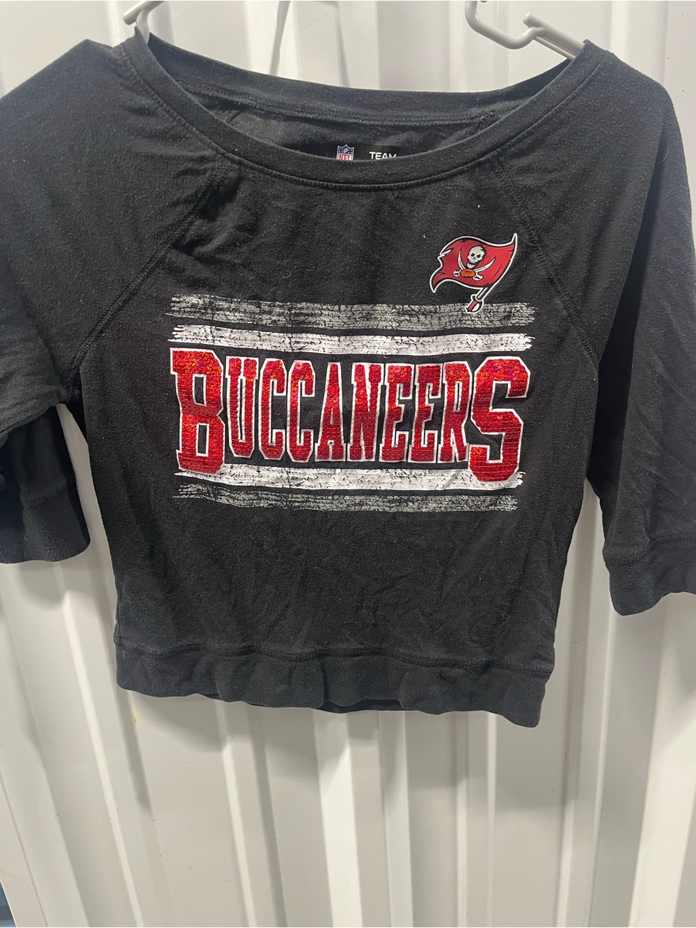 NFL Buccaneers Black Long Sleeve Kids Tee with Red Logo